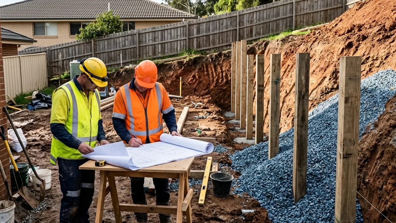 Specialists reviewing retaining wall drawings beside an excavation