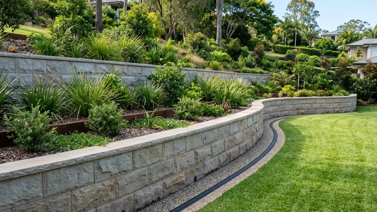 Completed retaining wall stepping down a Brisbane hillside block