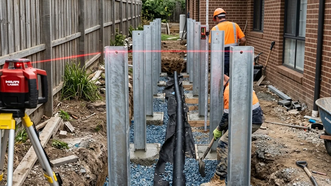 Retaining wall posts aligned beside a prepared drainage trench