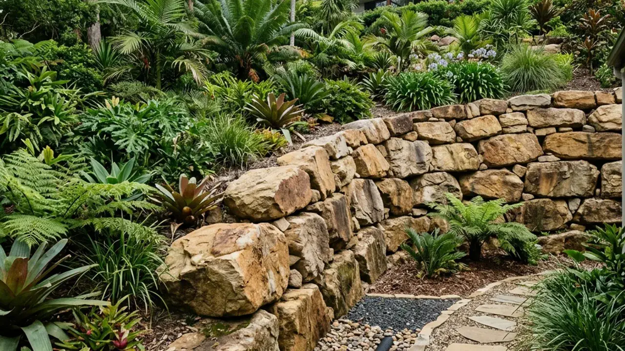 Sandstone & Boulder Retaining Walls on a residential sloping site
